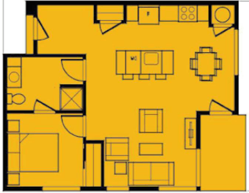 Floor plan for 1 bed, 1 bath, 620 sqft